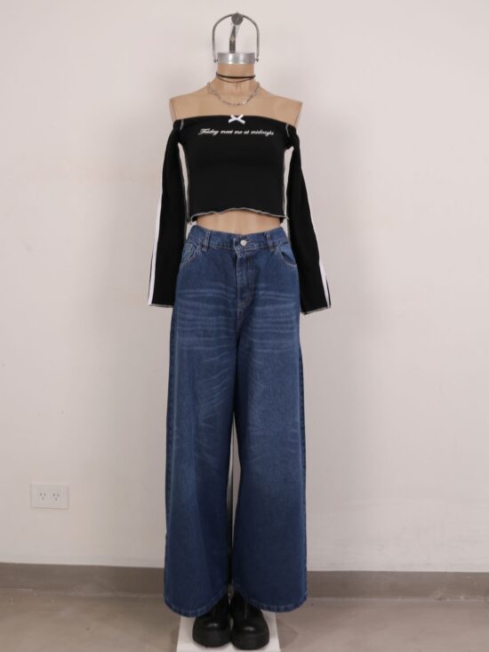 Wide-Leg Azul Tiro Super Alto Cintura Elástica Bigotes Varios
