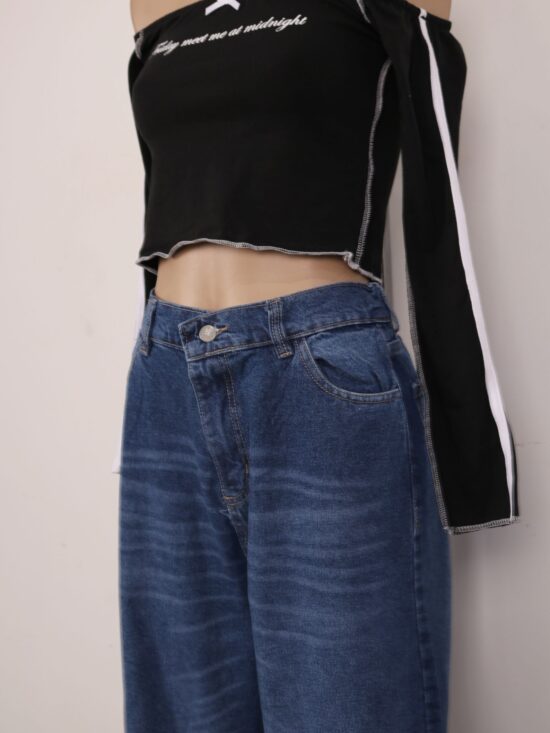 Wide-Leg Azul Tiro Super Alto Cintura Elástica Bigotes Varios