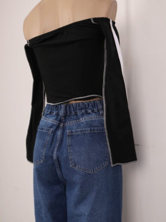 Wide-Leg Azul Tiro Super Alto Cintura Elástica Bigotes Varios