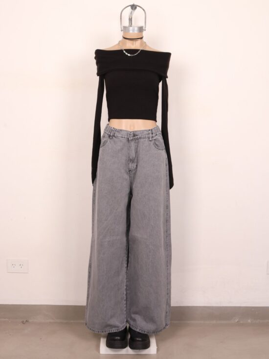 Wide-Leg Gris Claro Tiro Super Alto Quebrado Cintura Elástico Blanqueado