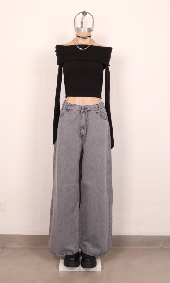 Wide-Leg Gris Claro Tiro Super Alto Quebrado Cintura Elástico Blanqueado