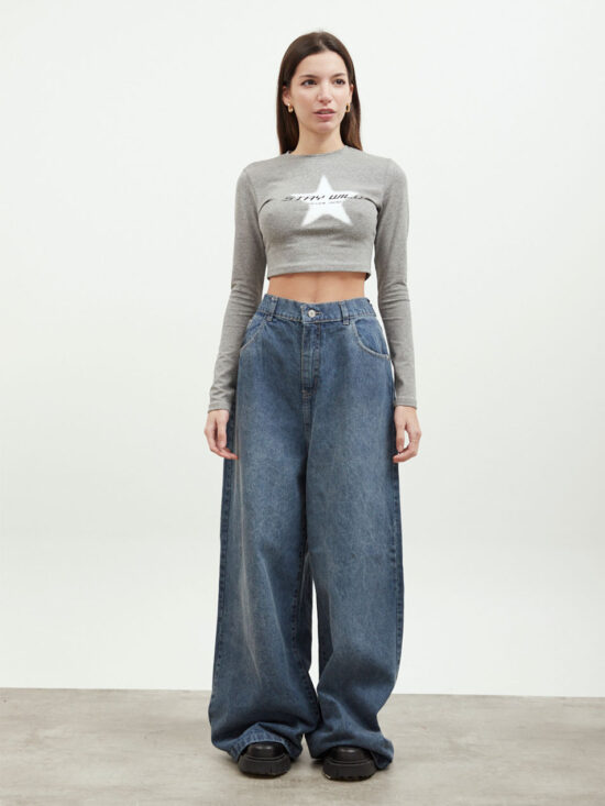 Wide-Leg Azul Tiro Medio Matizado Suave Cintura Elástica