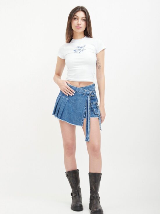 Skort Azul Tiro Alto Magic Tableada Bolsillos y Tiras Presillas Pasacintos