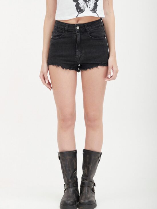 Short Negro BioStone Elastizado Tiro Medio Desflecado