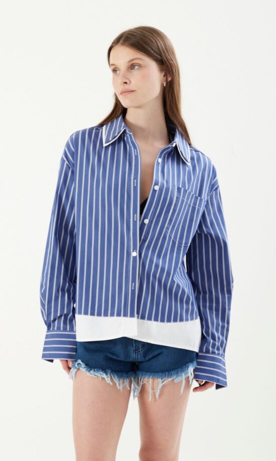 Camisa Larga Rayada Combinada En Cuello y Cintura
