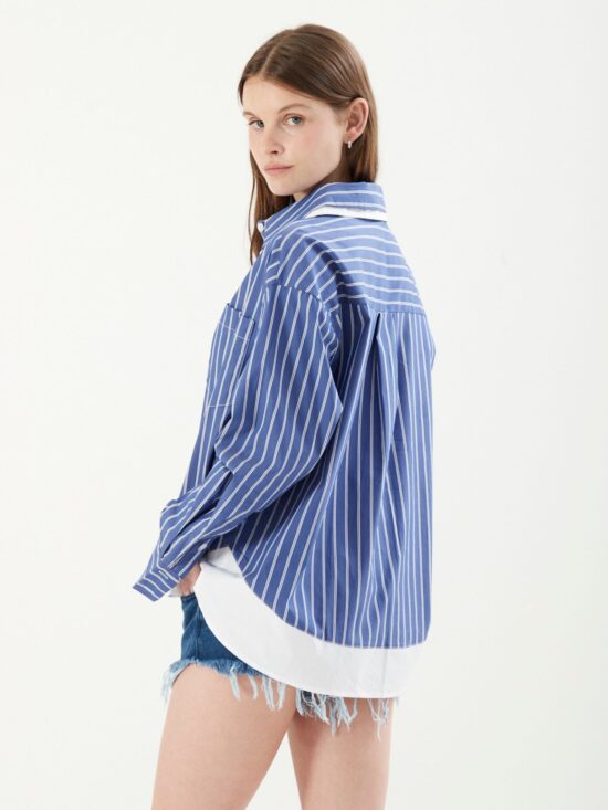 Camisa Larga Rayada Combinada En Cuello y Cintura