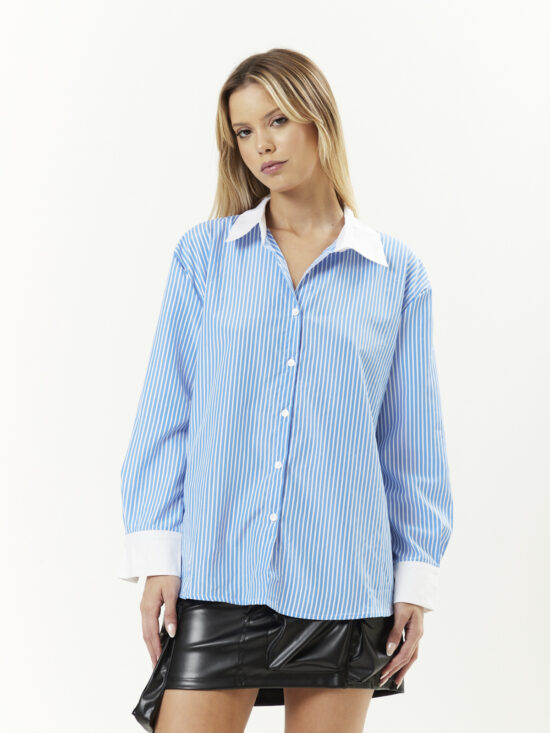 Camisa Larga Rayada Combinada Cuello Blanco