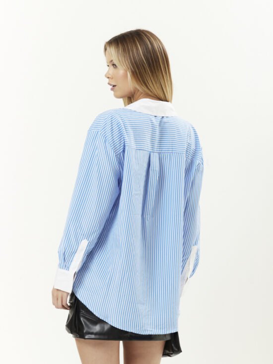 Camisa Larga Rayada Combinada Cuello Blanco