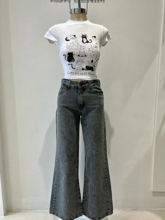 Wide-Leg Gris Tiro Medio Semi-Quebrado