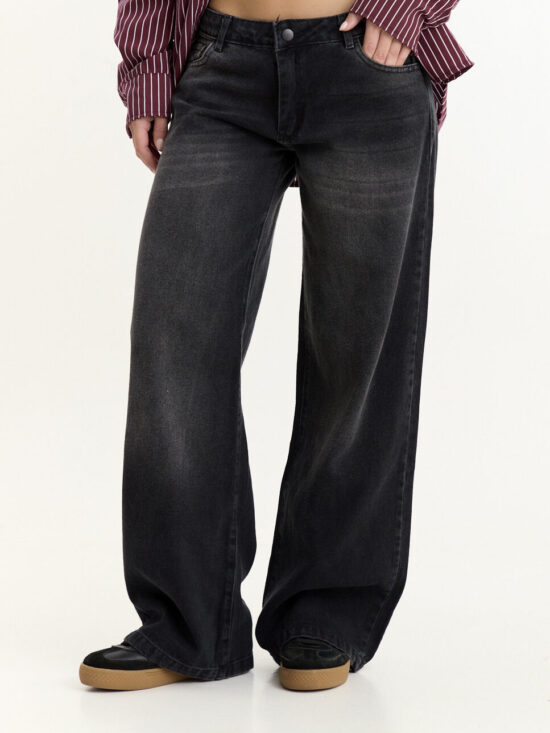 Wide-Leg Gris Tiro Bajo Cintura Ancha Localizado Bigotes