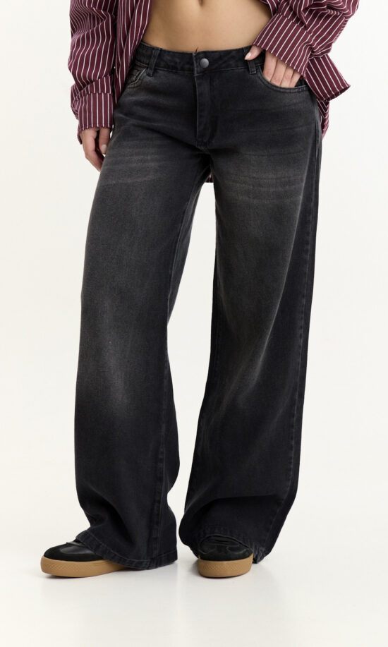 Wide-Leg Gris Tiro Bajo Cintura Ancha Localizado Bigotes
