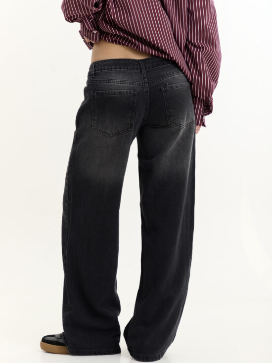 Wide-Leg Gris Tiro Bajo Cintura Ancha Localizado Bigotes