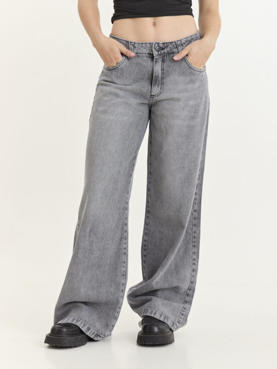 Wide-Leg Gris Claro Tiro Medio Bigotes Localizado Suave