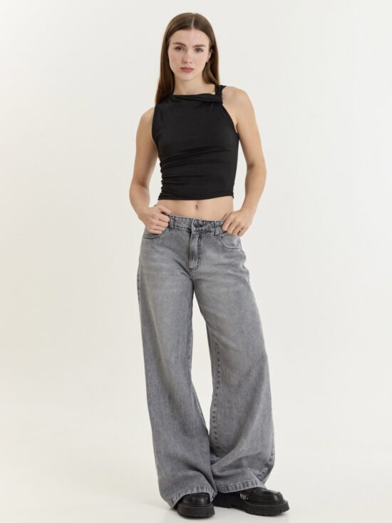 Wide-Leg Gris Claro Tiro Medio Bigotes Localizado Suave