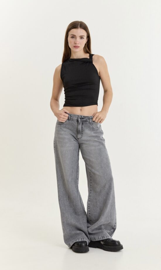 Wide-Leg Gris Claro Tiro Medio Bigotes Localizado Suave