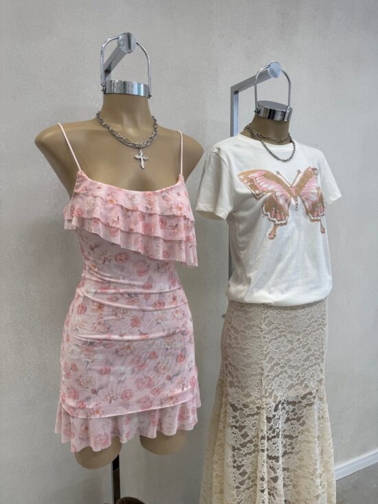 Vestido Triple Volado Escote Sublimado Flores Microtul