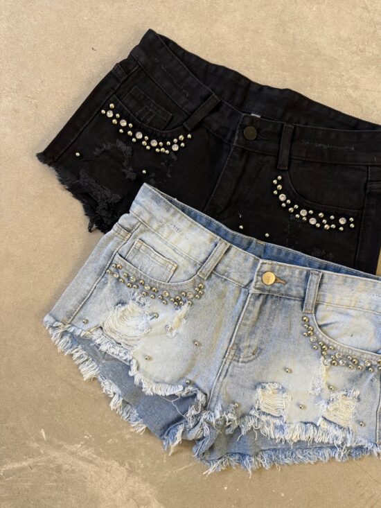 Short Tiro Medio Desflecado con Hotfix y Roturas