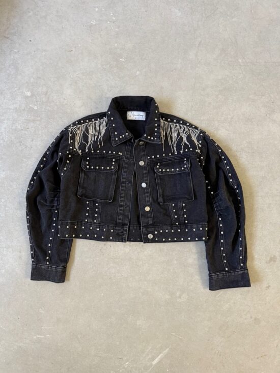 Campera Corta Denim Negra Strass Flecos