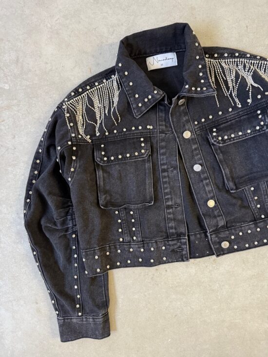 Campera Corta Denim Negra Strass Flecos