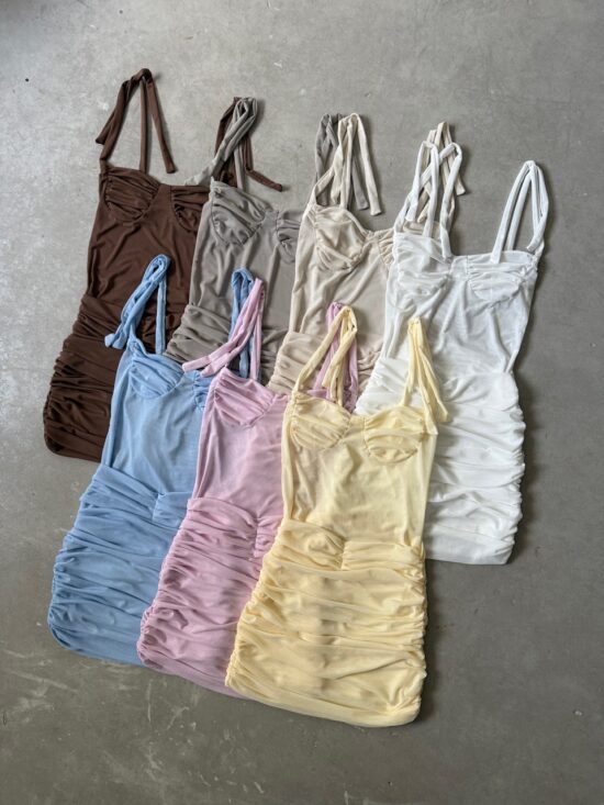 Vestido Taza Fruncida Con Tiras Para Atar Microtul