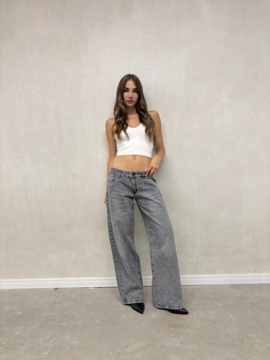 Wide-Leg Gris Tiro Bajo Bigotes