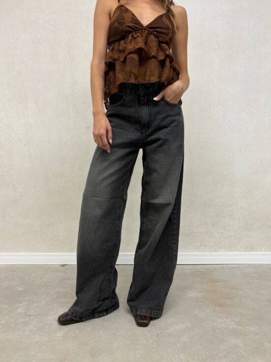 Wide-Leg Gris Tiro Medio Localizado Bigotes Presilla Trasera