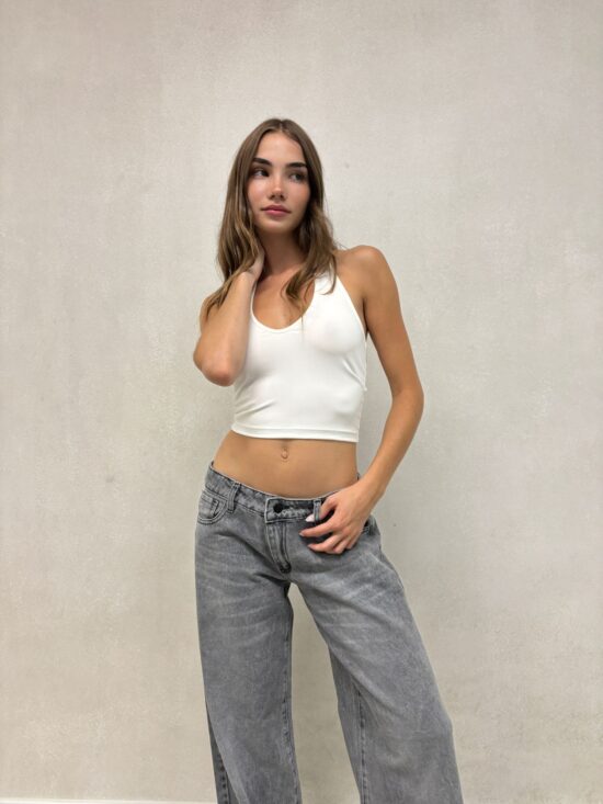 Wide-Leg Gris Tiro Bajo Bigotes