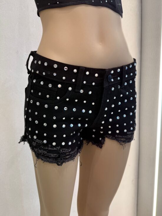 Short Negro Tiro Bajo con Cristales Roturas Bajas