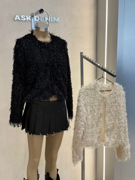 Abrigo de Piel Sintetica Escote Cerrado Lentejuelas