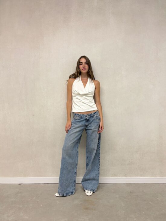 Wide-Leg Celeste Tiro Bajo Localizado Quebrado