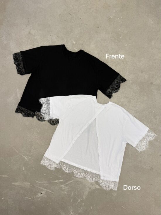 Remera Abertura En Espalda Puntillas En Mangas y Ruedo