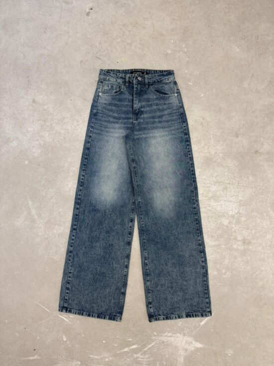 Wide-Leg Azul Tiro Medio Localizado Bigotes Horizontales