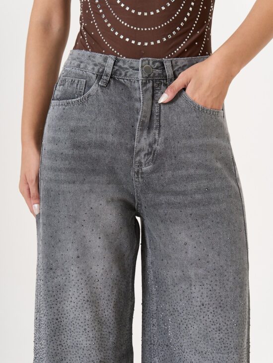 Wide-Leg Tiro Medio Full Strass Negro Mini