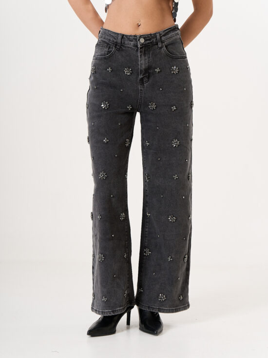 Wide-Leg Tiro Medio con Flores de Piedras Bordadas