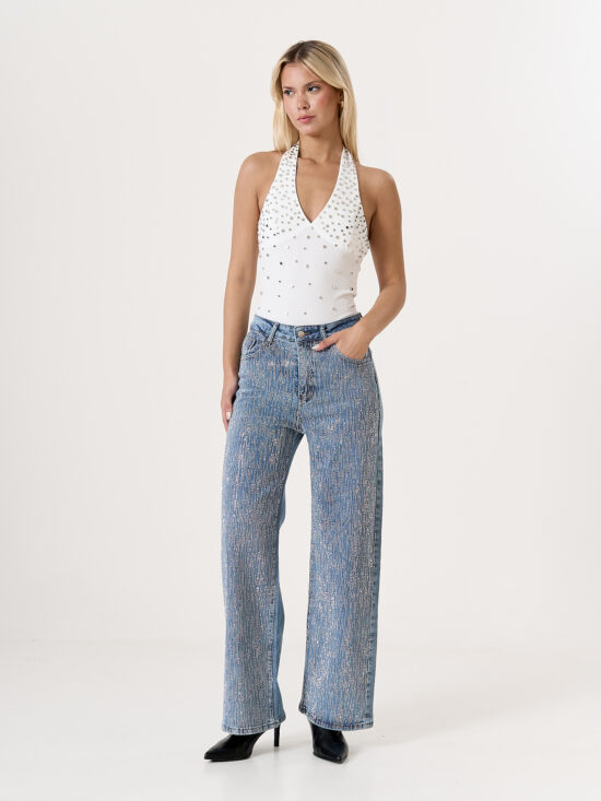 Wide-Leg Tiro Medio Full Mini Tiras de Strass