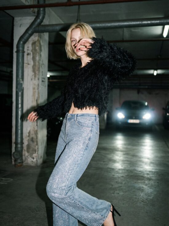 Abrigo de Piel Sintetica Escote Cerrado Lentejuelas