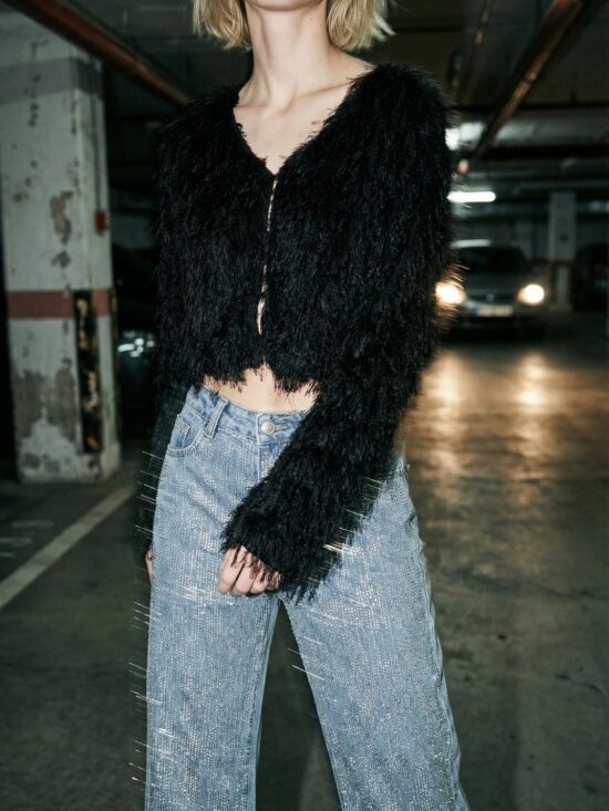 Abrigo de Piel Sintetica Escote Cerrado Lentejuelas