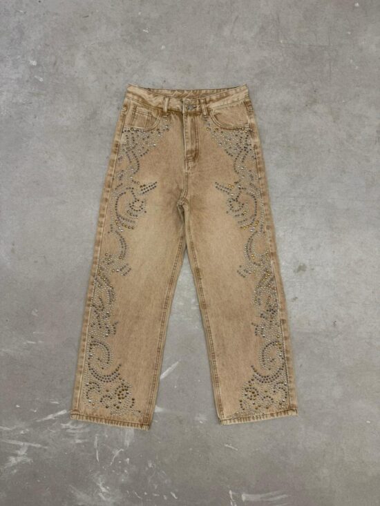 Wide-Leg Tiro Medio Tachas Combinadas tipo Llamas