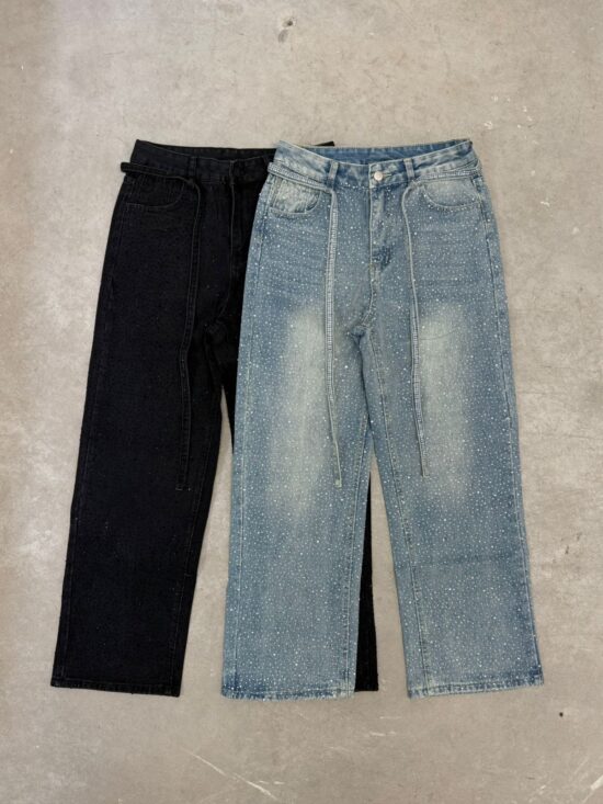 Wide-Leg Tiro Medio con Cordones Full Strass