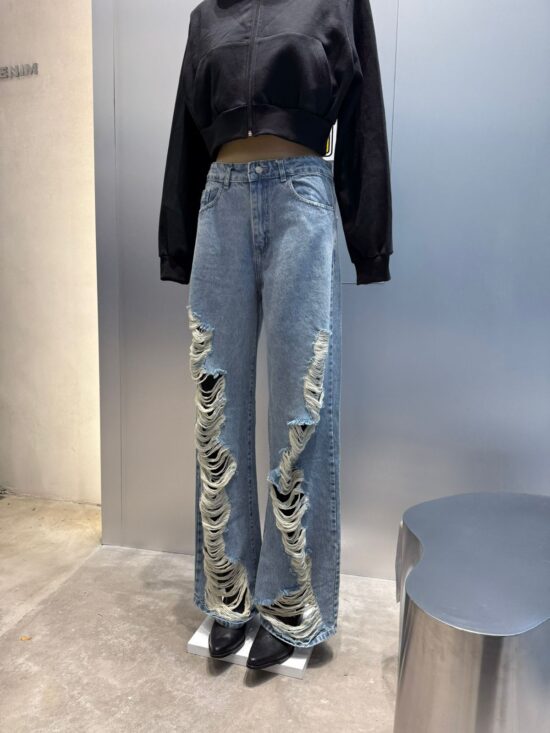 Wide-Leg Celeste Tiro Medio Roturas Grandes Largas