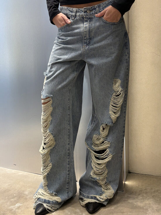 Wide-Leg Celeste Tiro Medio Roturas Grandes Largas