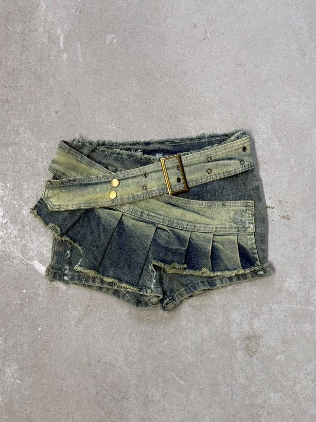 Skort denim tableada con cinturon incorporado